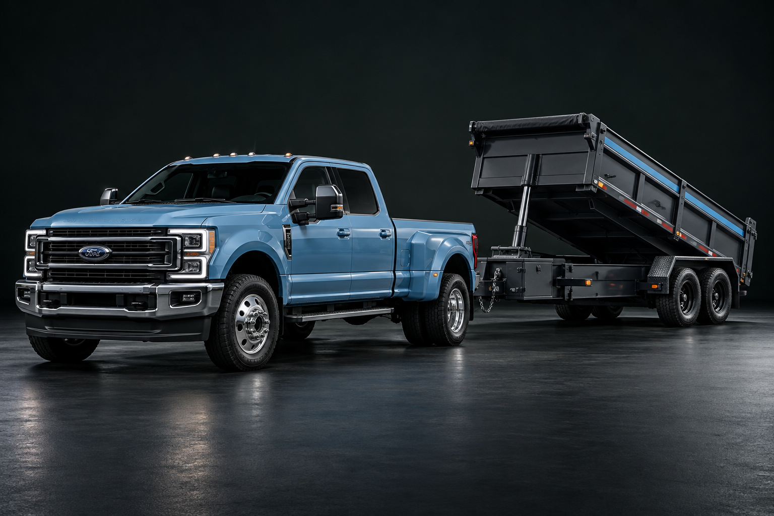 Realistic concept render of a Carolina blue Ford F-350-style crew-cab dually towing a raised tandem-axle dump trailer